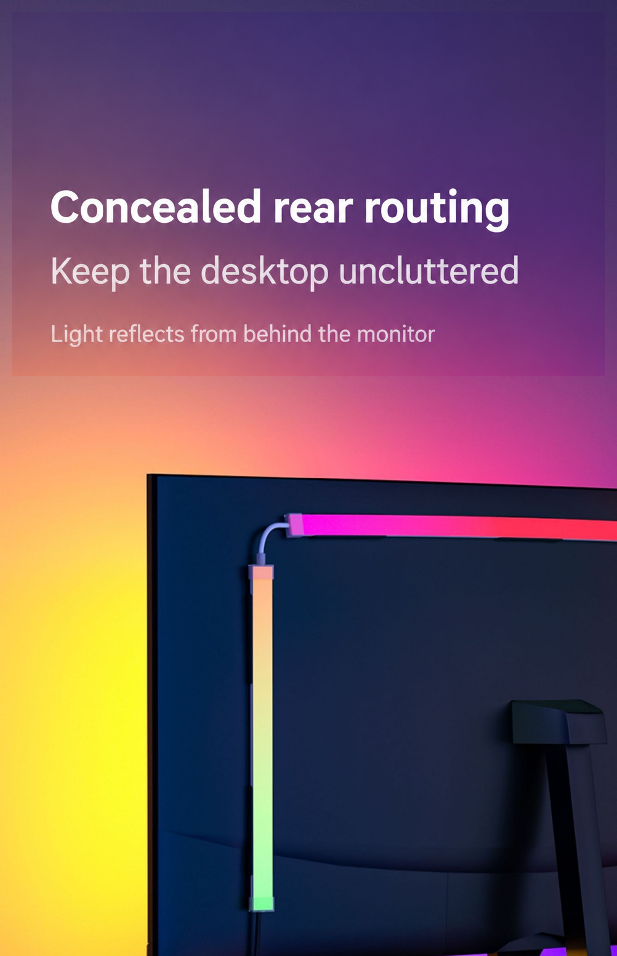 Strip segments and cable routing behind a monitor