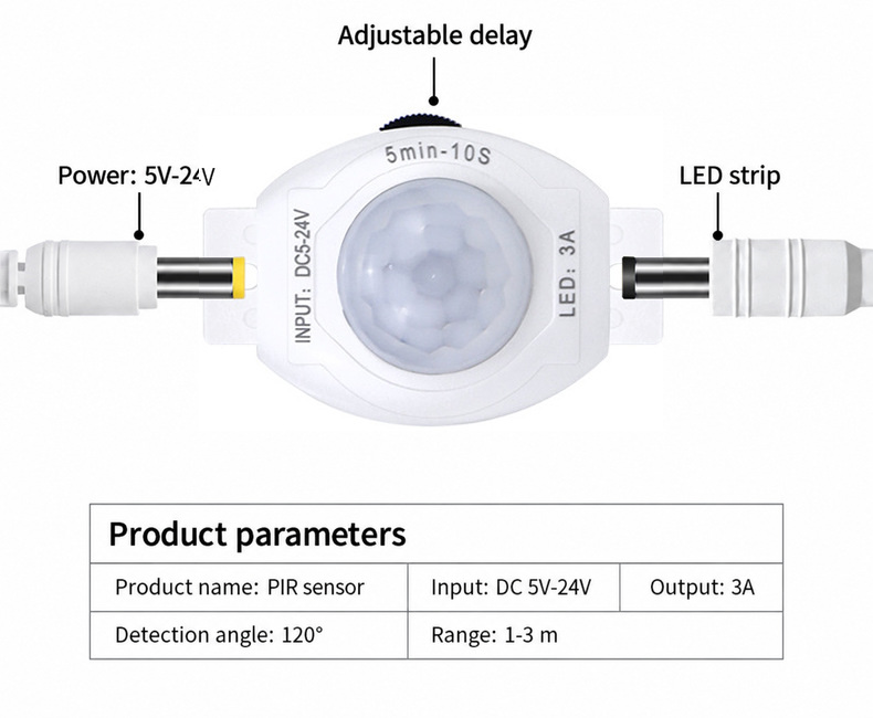 PIR sensor, supply connections and operating parameters.