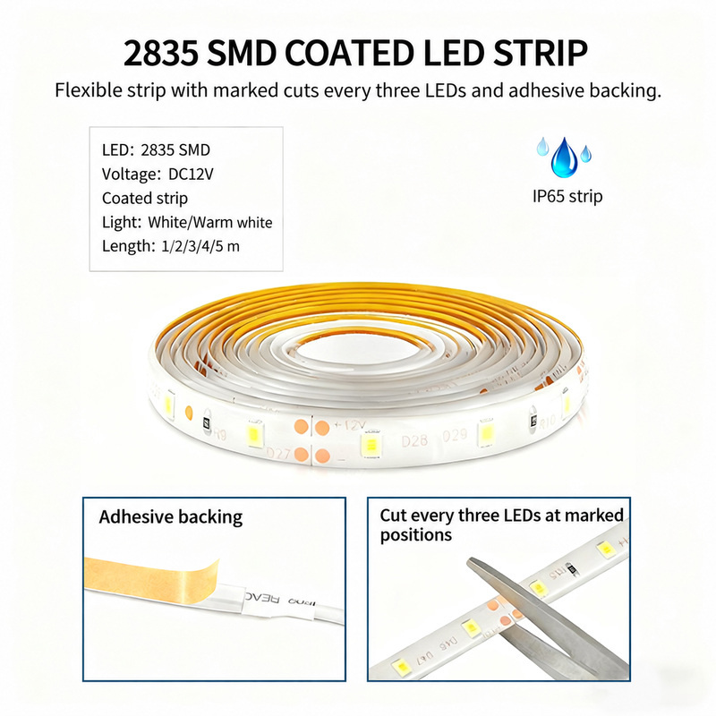 Coated 12 V strip, marked cutting points and adhesive backing.