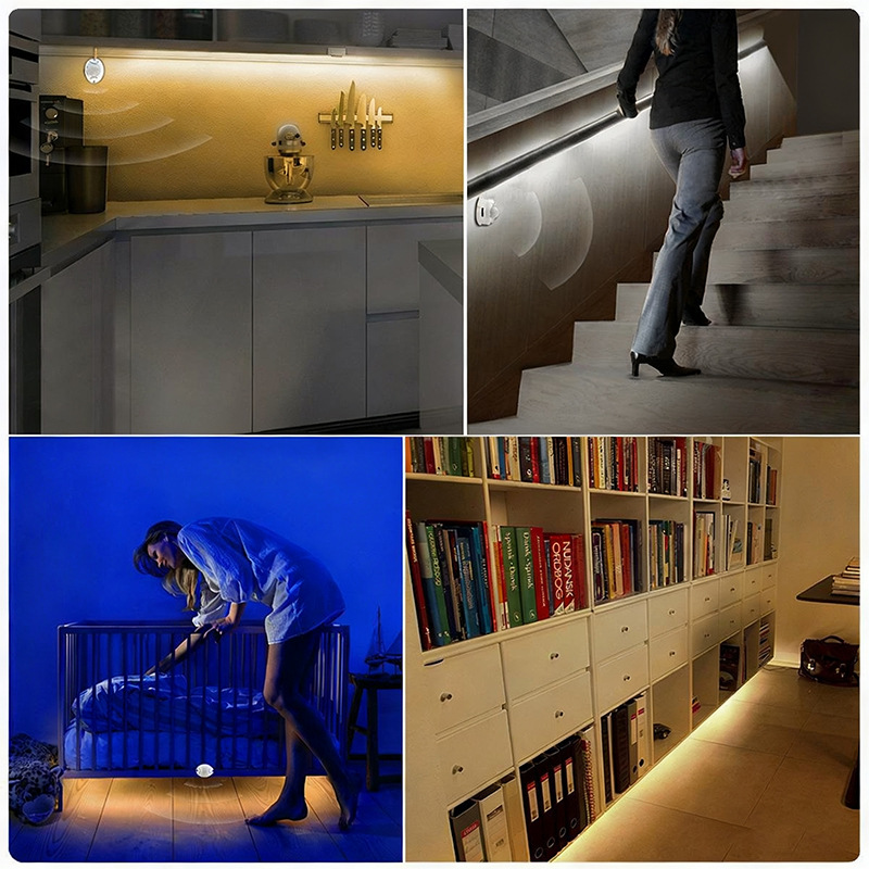 Motion-sensor lighting below cabinets, beside stairs and near furniture.