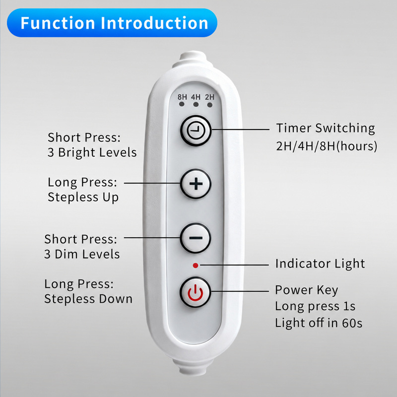 Four-button controller with timer and brightness controls.