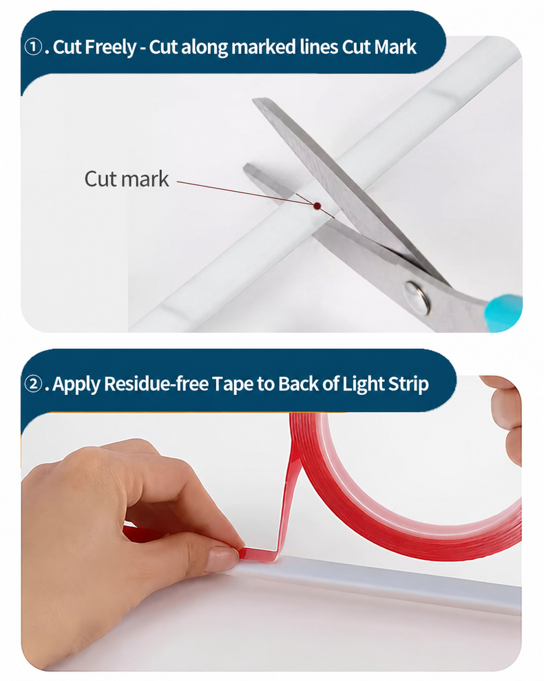 Marked cutting point and adhesive backing application.