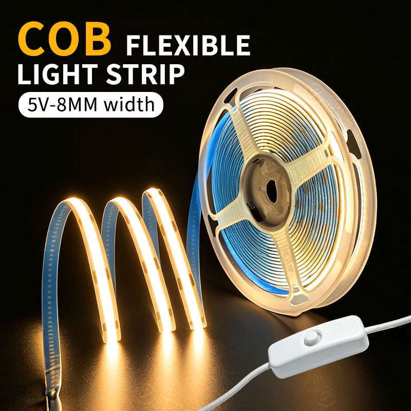 5 V, 8 mm COB strip and inline switch.