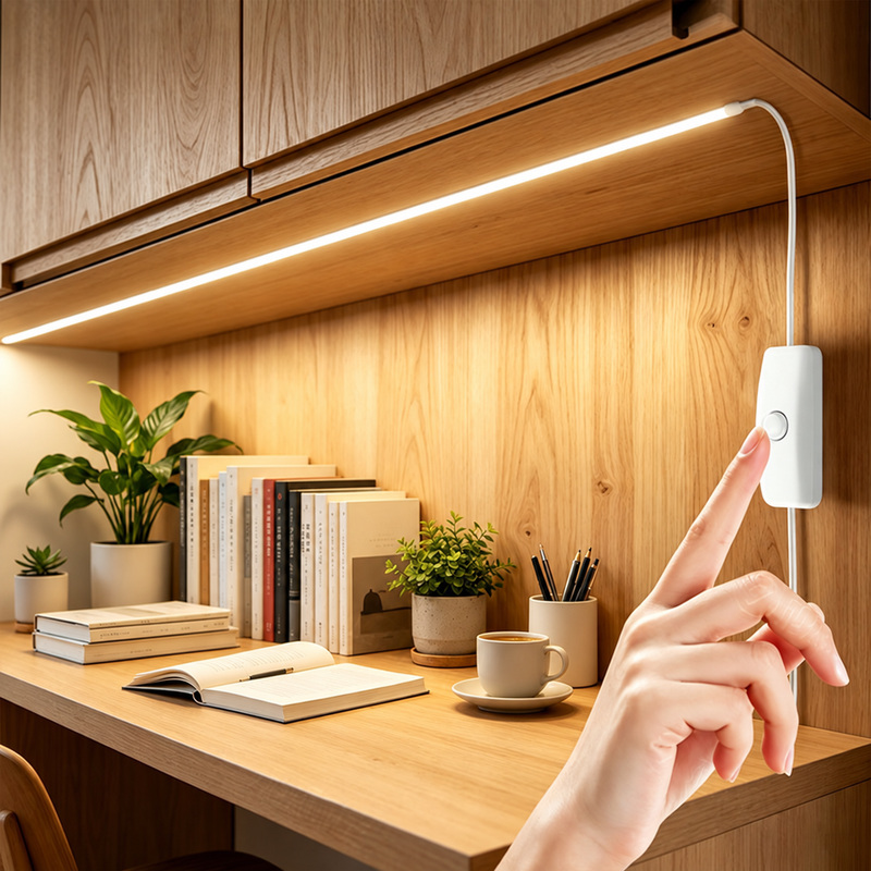 Inline button operation below a shelf.