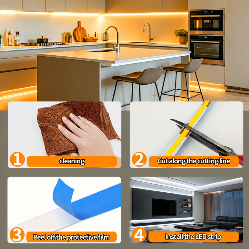 Surface cleaning, marked cutting point, backing removal and strip installation.