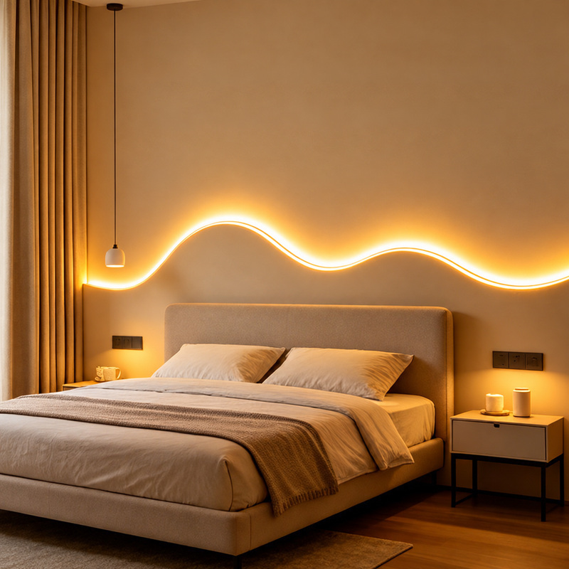 Warm indirect lighting behind a bed.