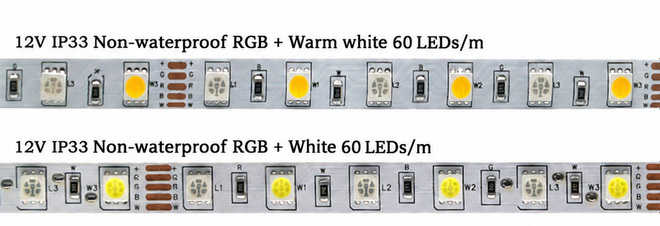Bare 12 V RGB and white LED strip sections.