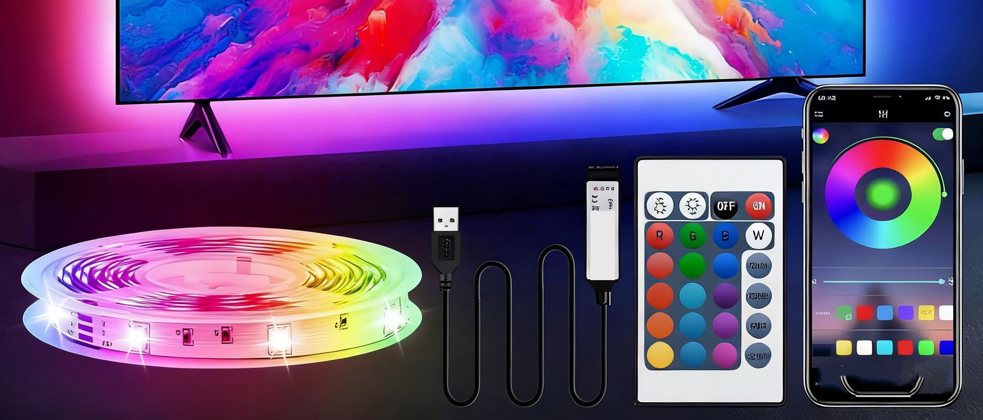 RGB strip reel, USB controller and 24-key remote with a television backlight application.