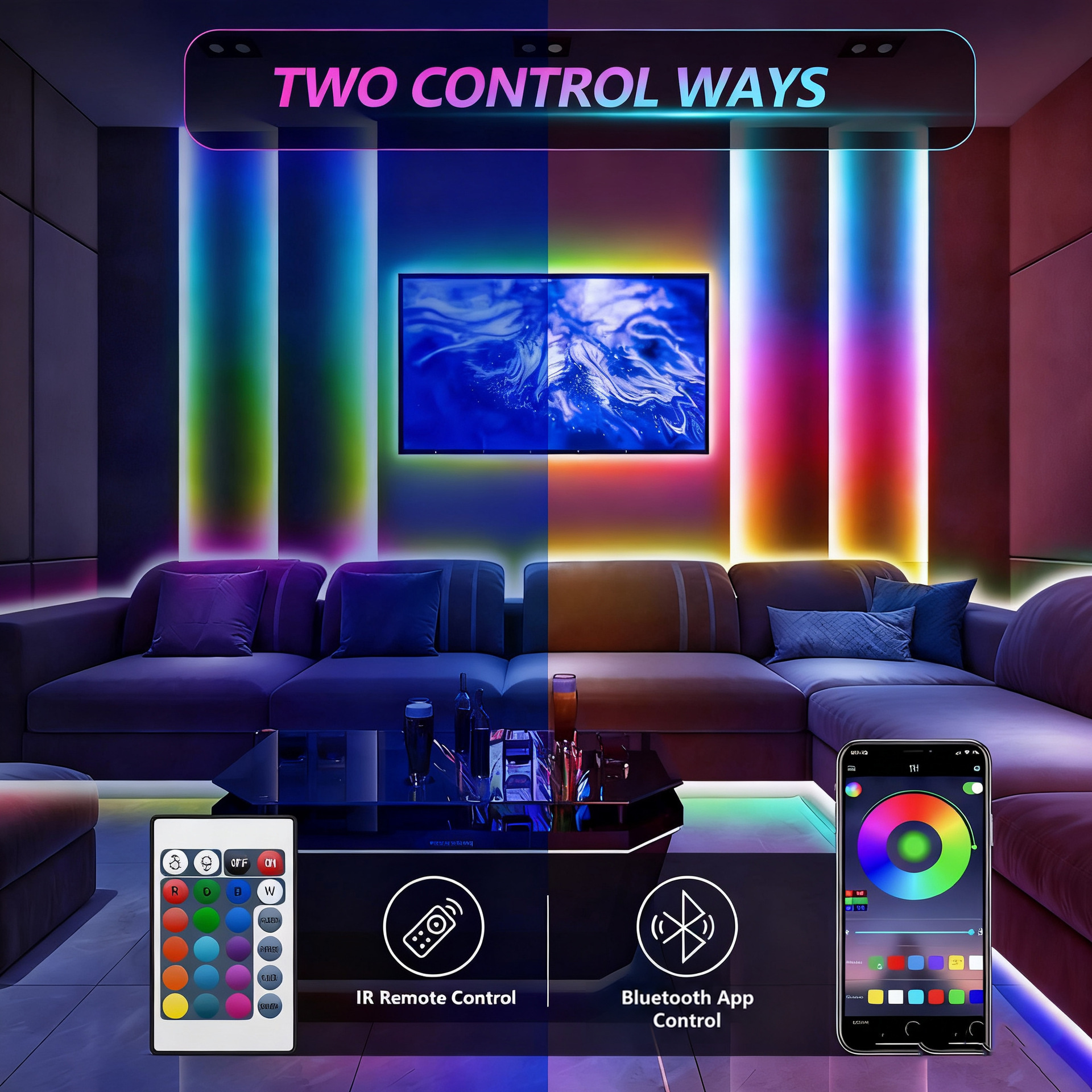 Infrared remote and Bluetooth app control options.