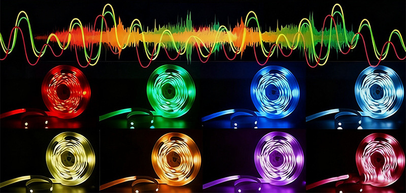RGB strip-lighting effects with an audio waveform.
