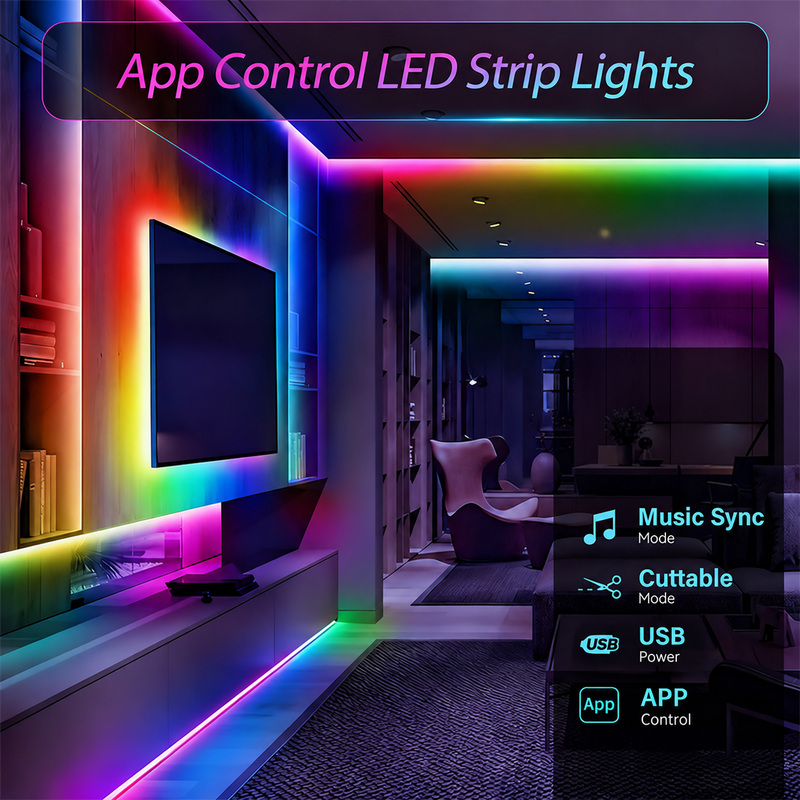 RGB room lighting with music, cutting, USB and app-control functions.
