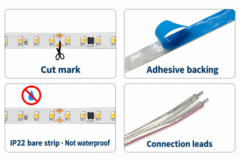 Cut marks, adhesive backing, bare-strip protection and connection leads.