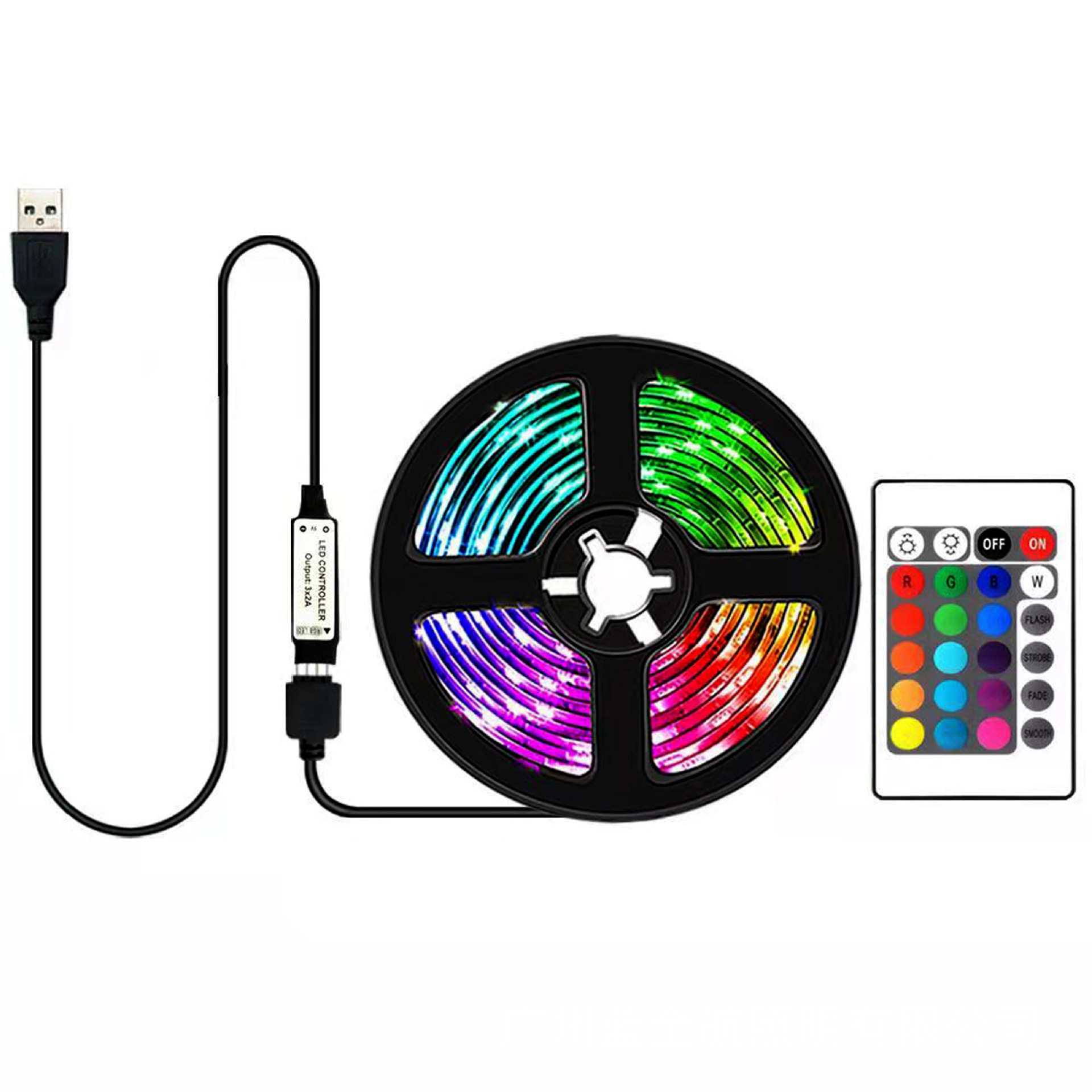 RGB LED strip reel with a USB receiver and 24-key infrared remote.