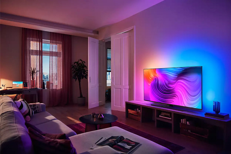 RGB television backlighting in a living room.