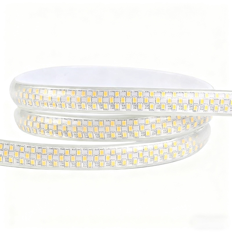 Dense three-row LED strip in a transparent sleeve.