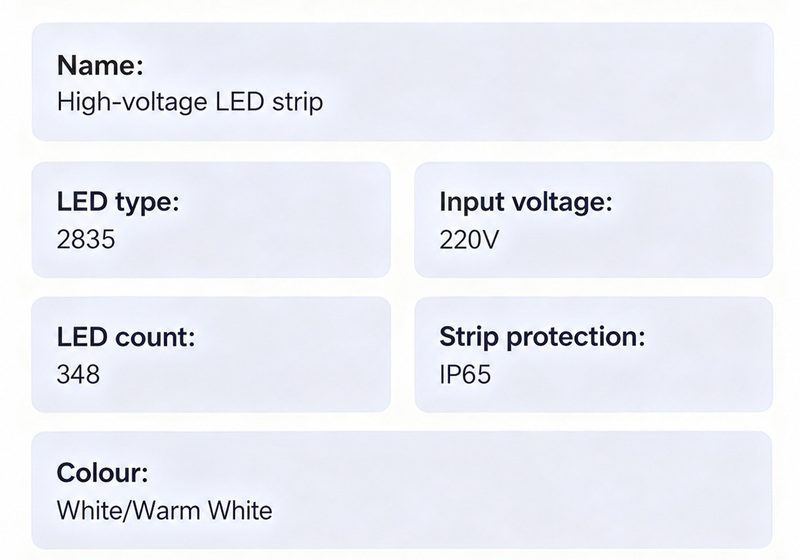 220 V 2835 strip parameters for the illustrated 348-LED version.