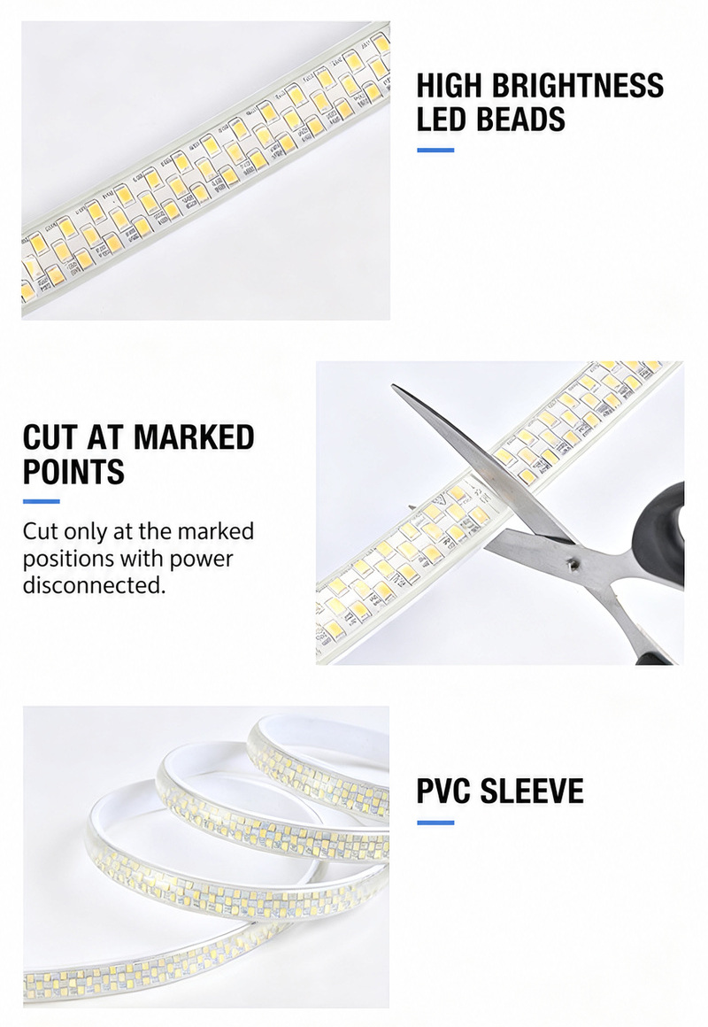 Dense LED packages, a marked cutting point and PVC sleeve.