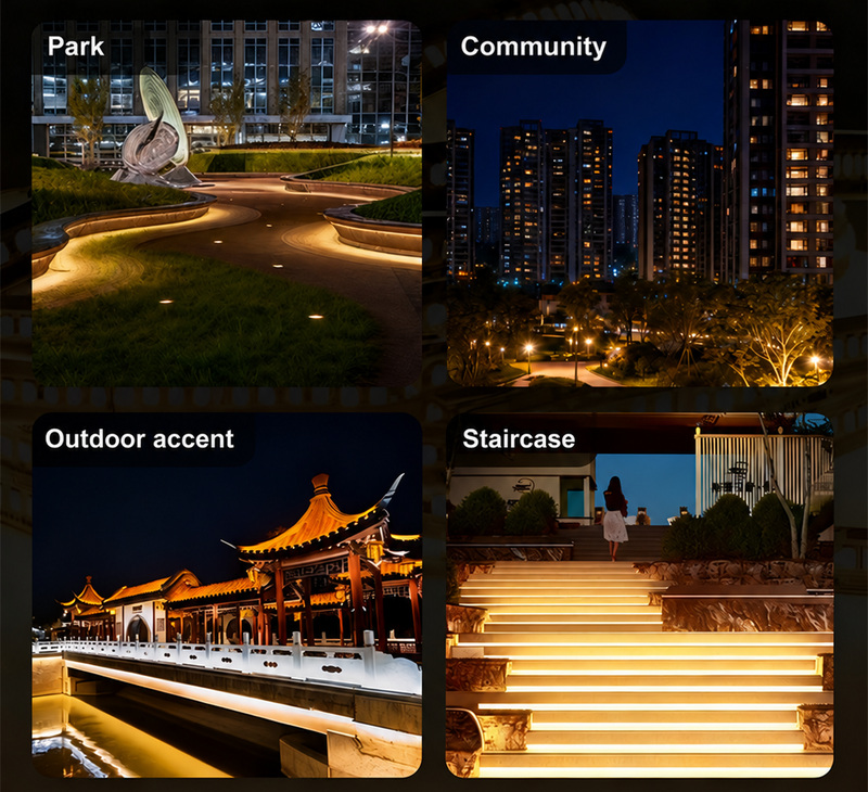 Warm linear lighting in landscaped and architectural settings.