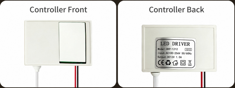 Front and rear of the integrated touch driver with its original rating label.
