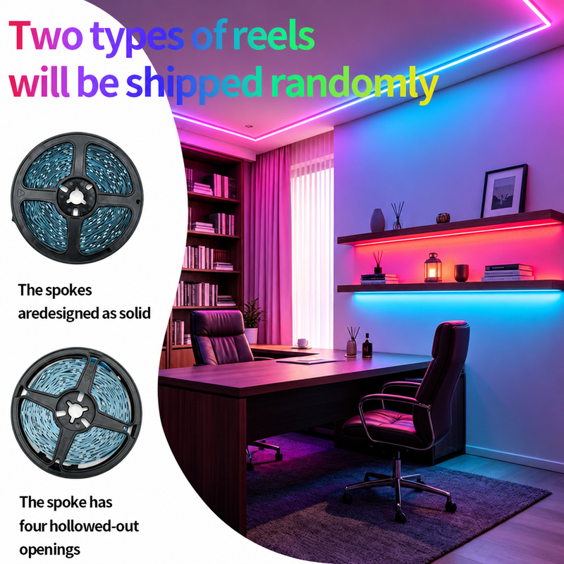 Two reel formats alongside a colored desk-lighting application.