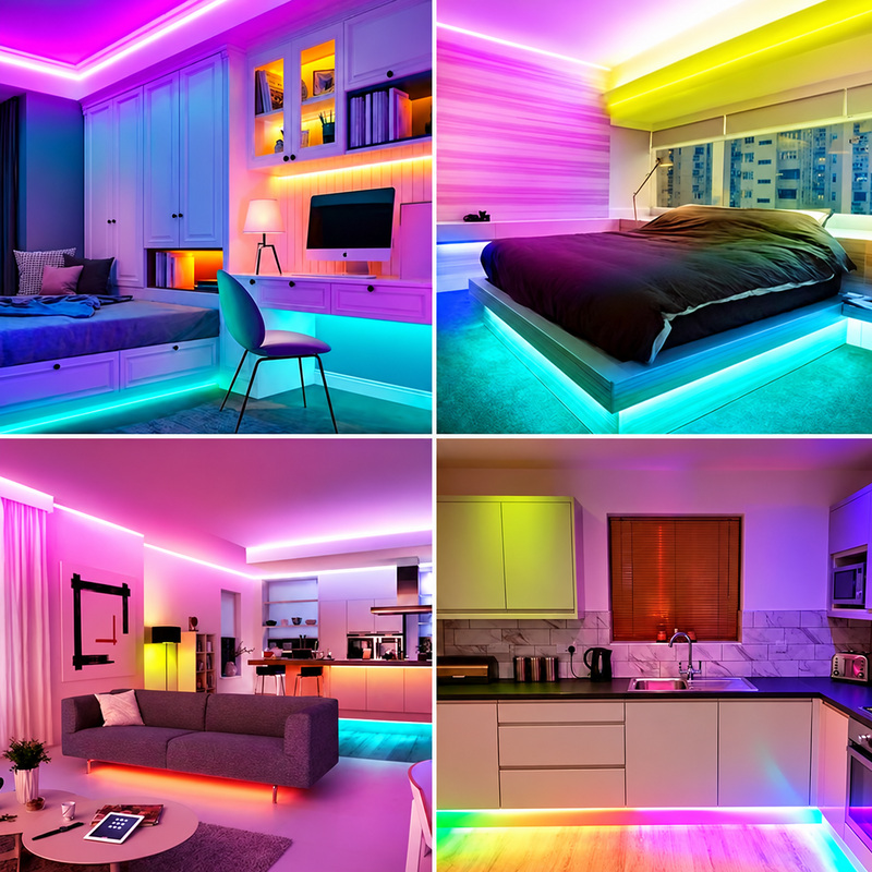 RGB strip lighting in a bedroom, desk area, living room and kitchen.