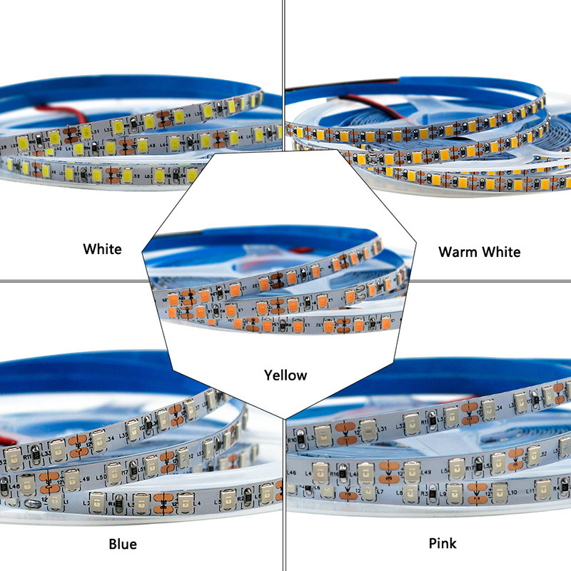Unlit strip reels representing white, warm-white, yellow, blue and pink options.