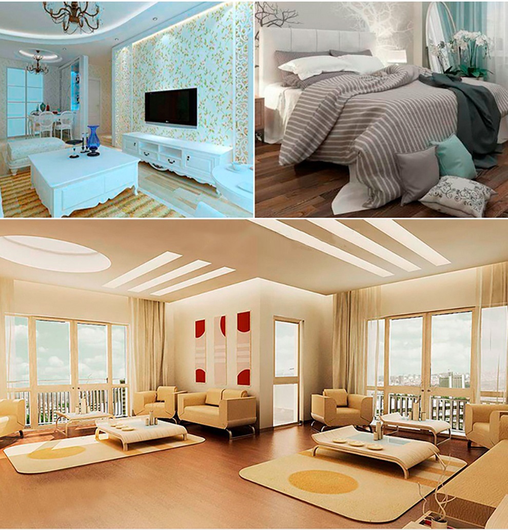 Linear strip lighting in interior rooms.