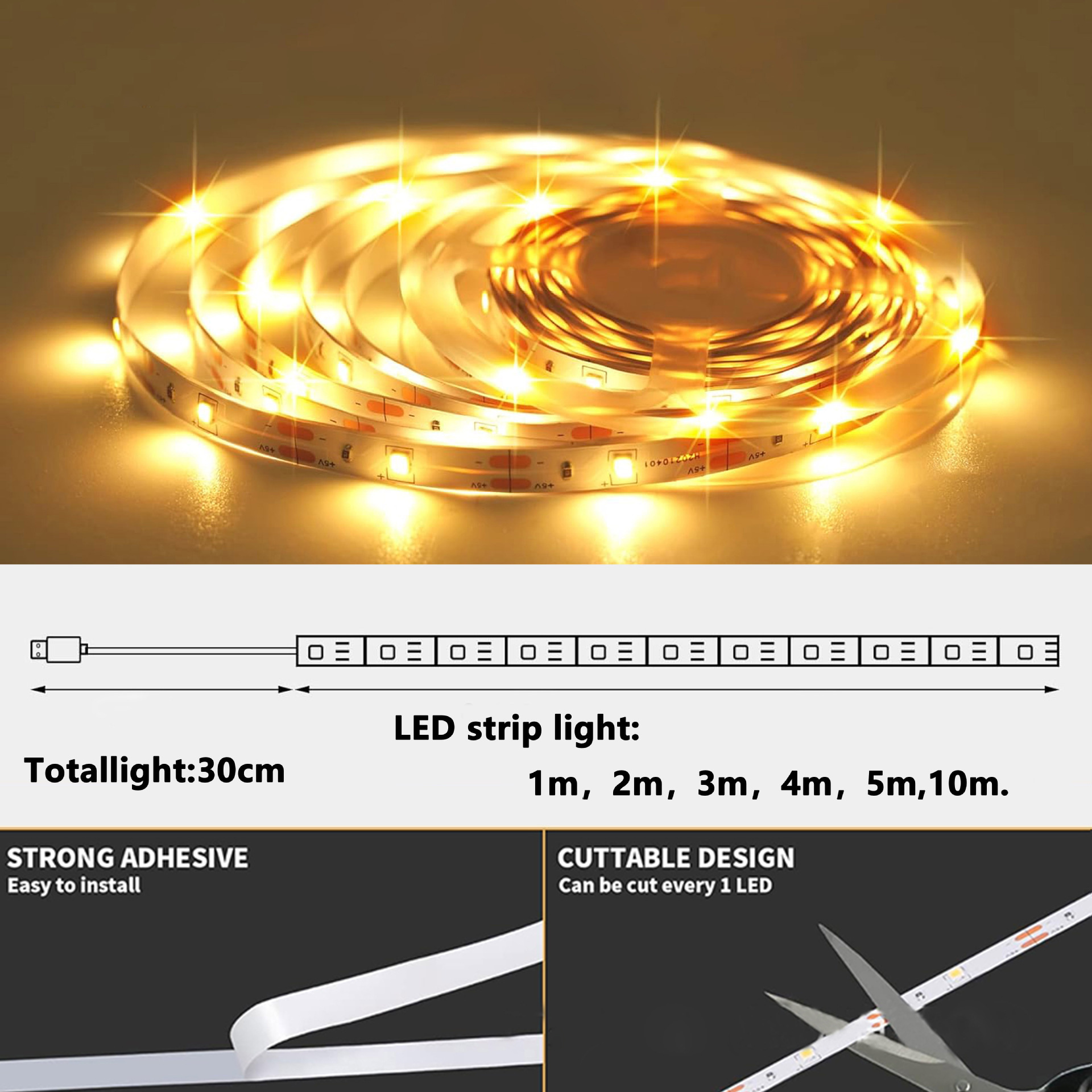 Adhesive backing, marked cutting positions and USB lead length.