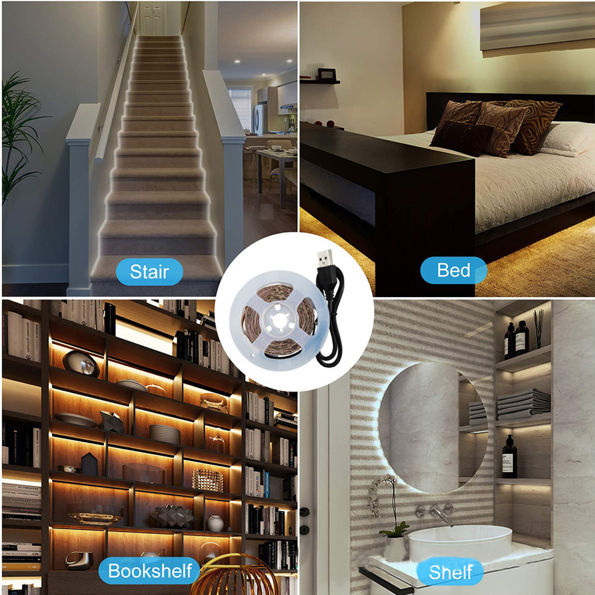 Strip lighting on stairs, beside a bed and on shelves.