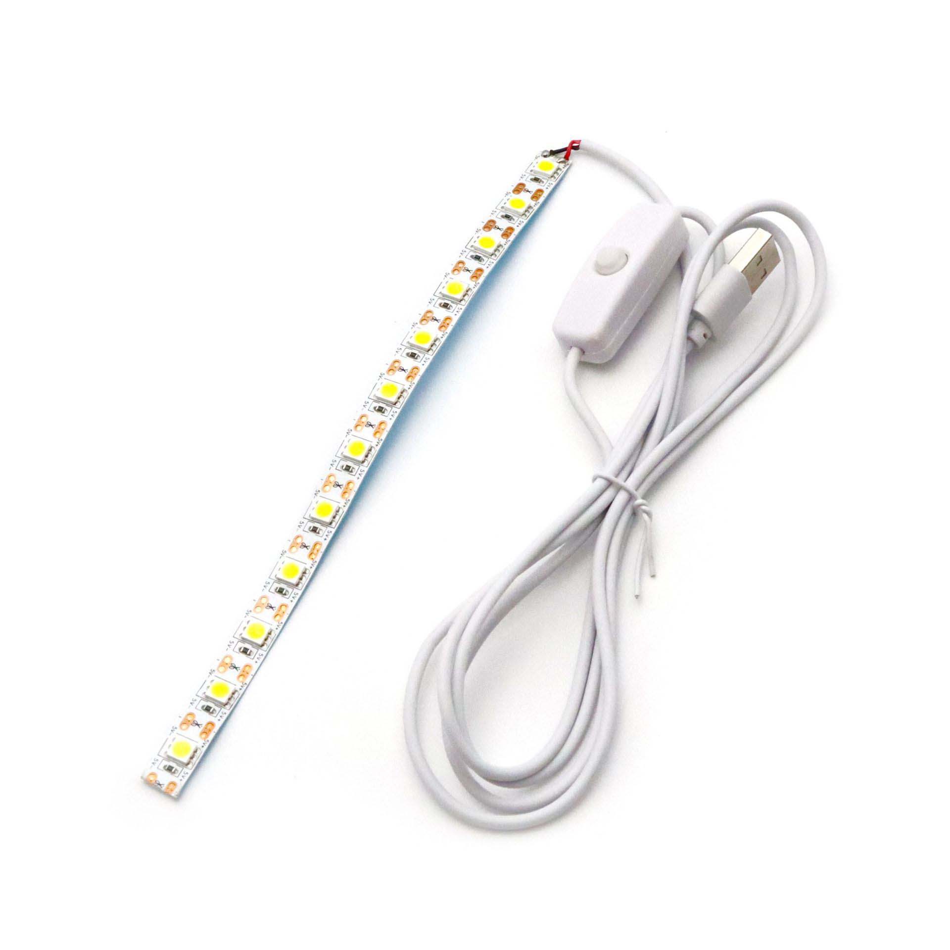 Short white LED strip with USB lead and inline button.