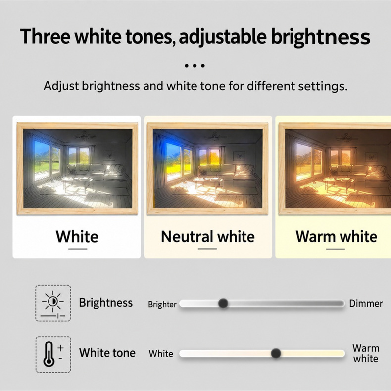 White, neutral-white and warm-white strip-lighting examples.