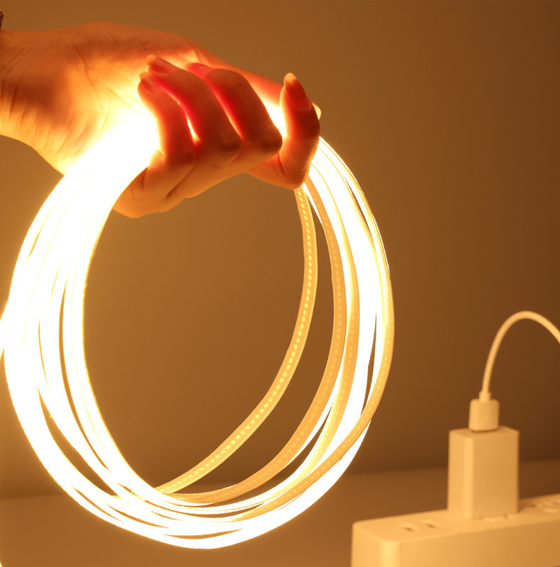 Hand holding a flexible warm-white strip.
