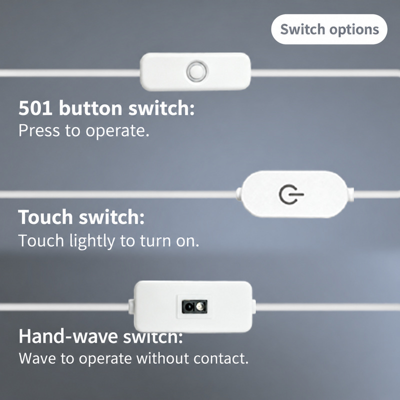 Button, touch and hand-wave inline switch options.
