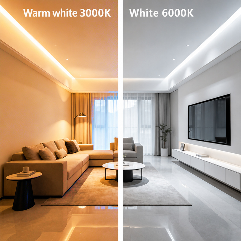 Warm-white 3000 K and white 6000 K cove lighting.