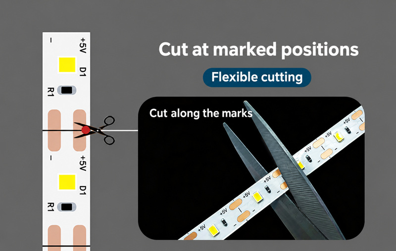 Marked solder-pad cutting positions on a 5 V strip.