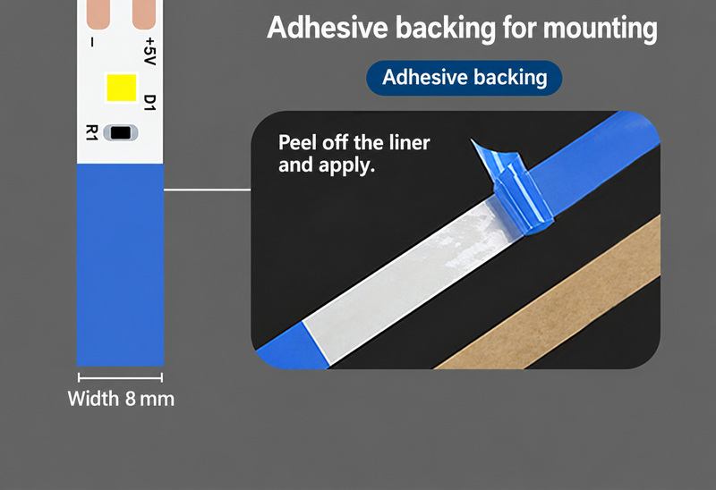 Blue adhesive liner peeling from the illustrated 8 mm strip.