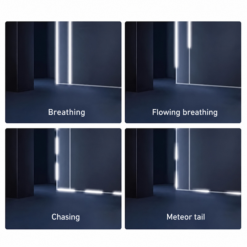 Breathing, flowing, chasing and meteor-tail lighting modes.
