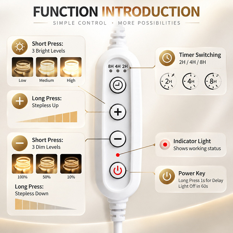 2/4/8-hour timer and adjustable brightness.