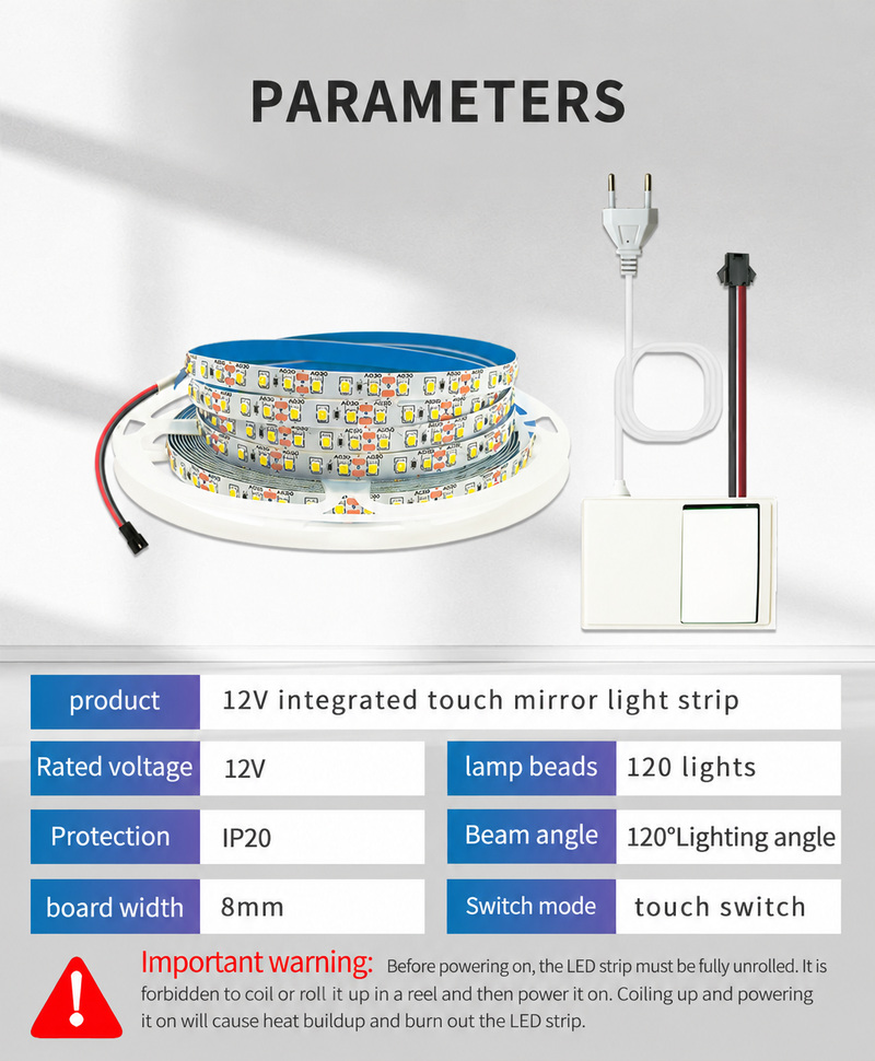 12 V touch-kit specifications and unroll-before-powering warning.