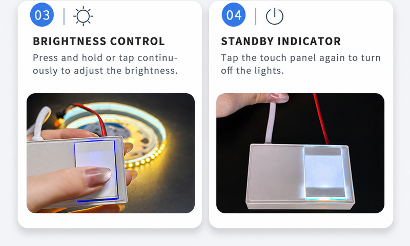 Long-press brightness adjustment and touch-to-turn-off operation.