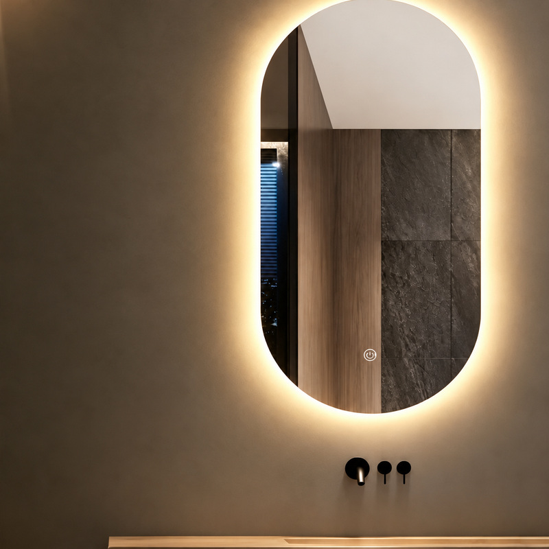 Warm concealed mirror-edge illumination.