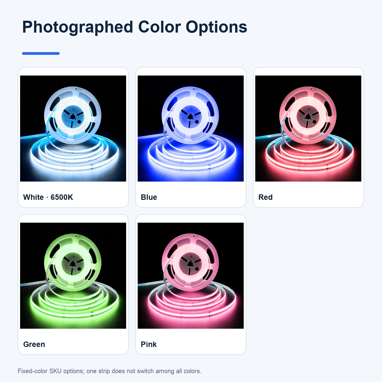Photographed white, blue, red, green and pink COB light outputs.
