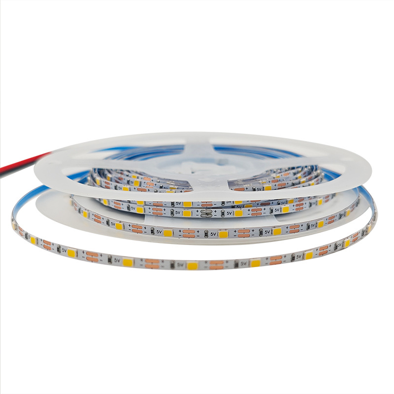 Narrow 5 V strip with visible LED packages and solder pads.