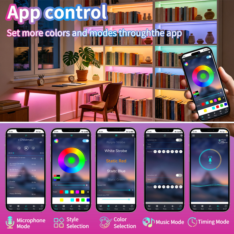 RGB shelf lighting and the illustrated app control screens.