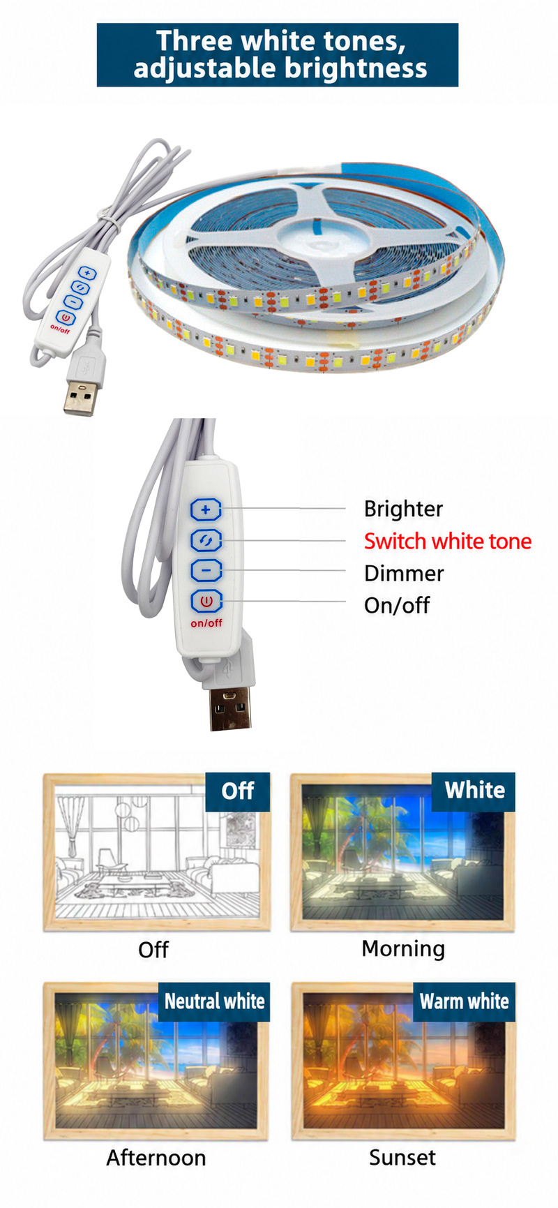 Four-button brightness and white-tone controls with lighting examples.