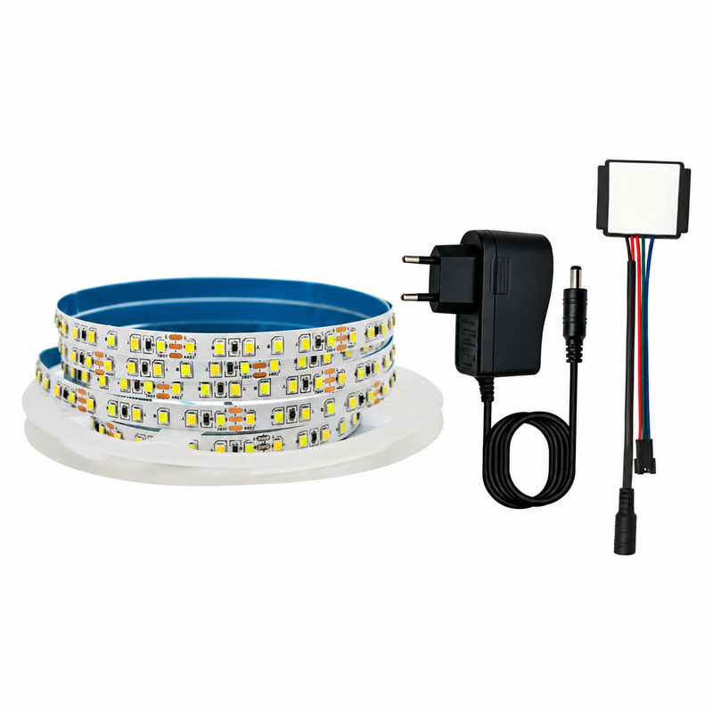 Dual-white strip reel, touch controller and EU-plug adapter.