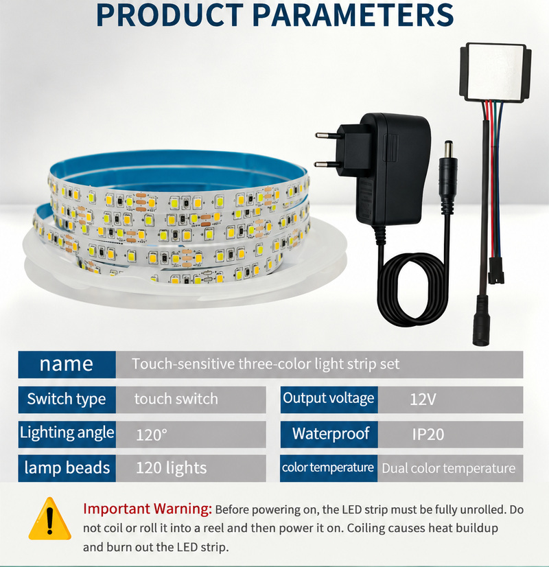 12 V touch strip parameters and unrolling-before-power warning.
