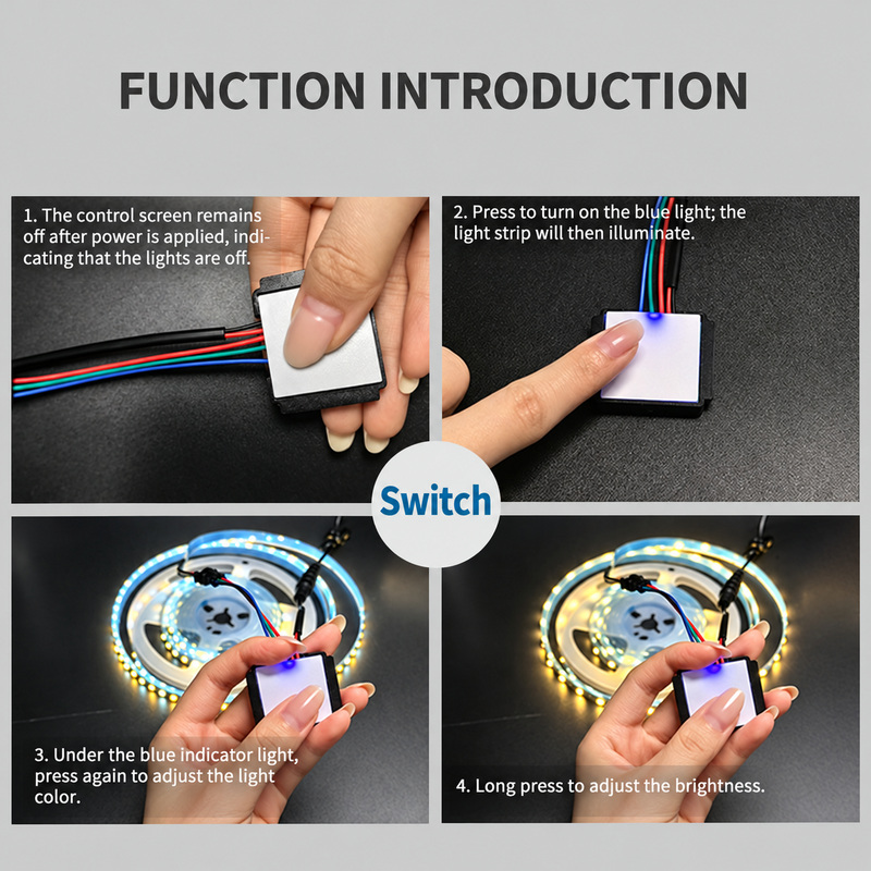 Touch switching, white-colour selection and brightness adjustment.