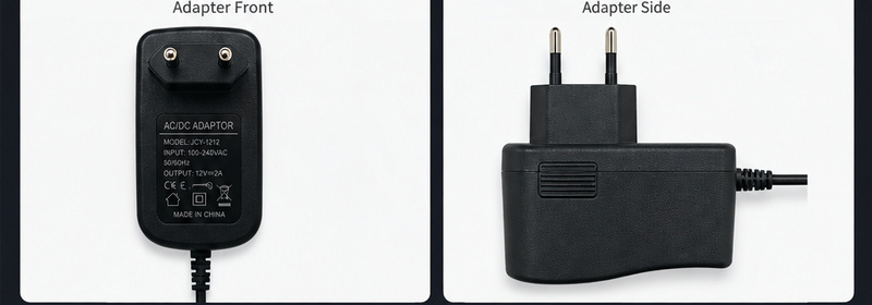 Front and side views of the EU-plug 12 V adapter.