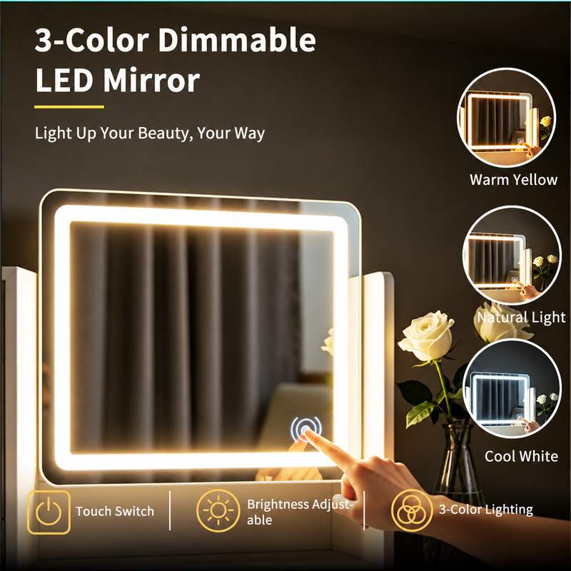 Touch-controlled mirror lighting in three white modes.